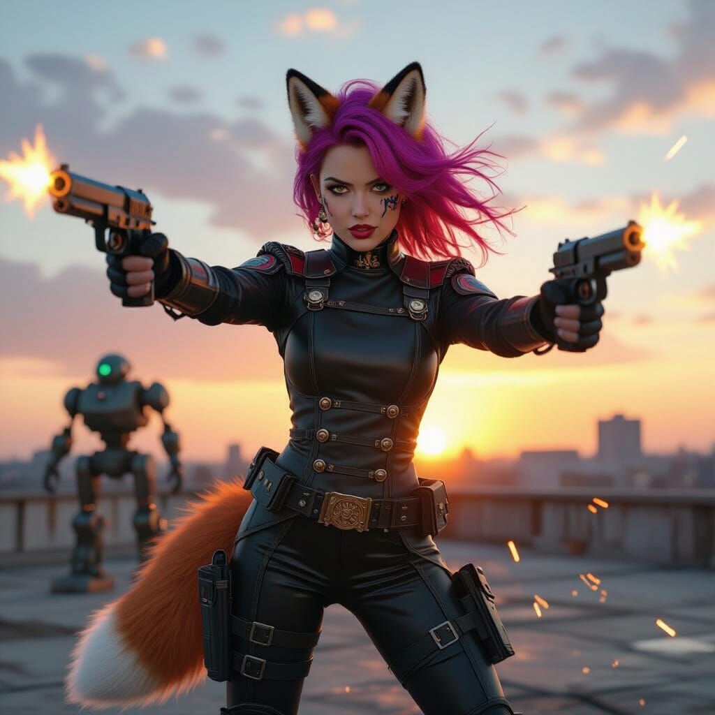 Fox Goddess in Steampunk Action Scene