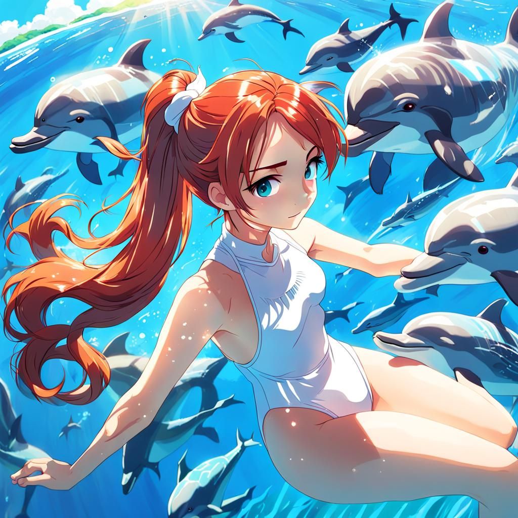 Anime Woman Sunbathing with Dolphins, Ghibli Style