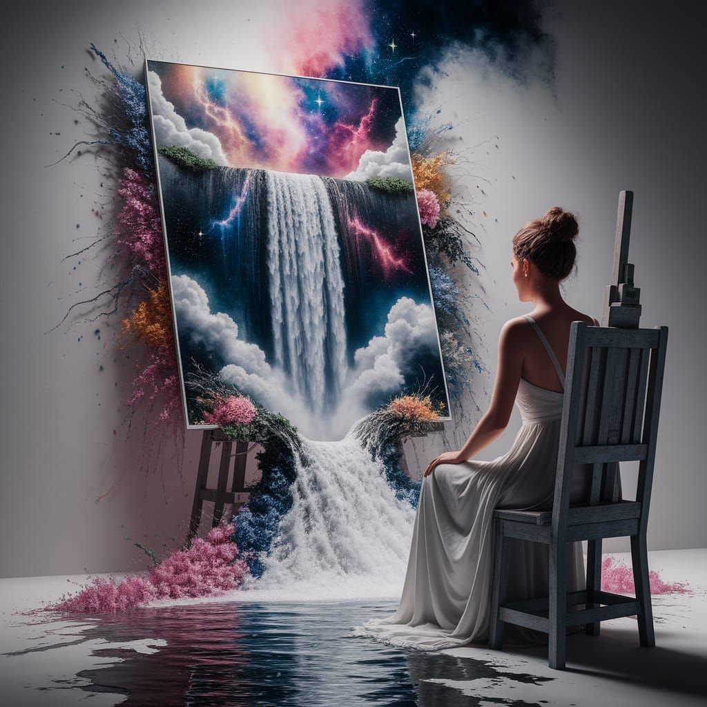 Cosmic Waterfall Erupts from Canvas in Watercolor Style