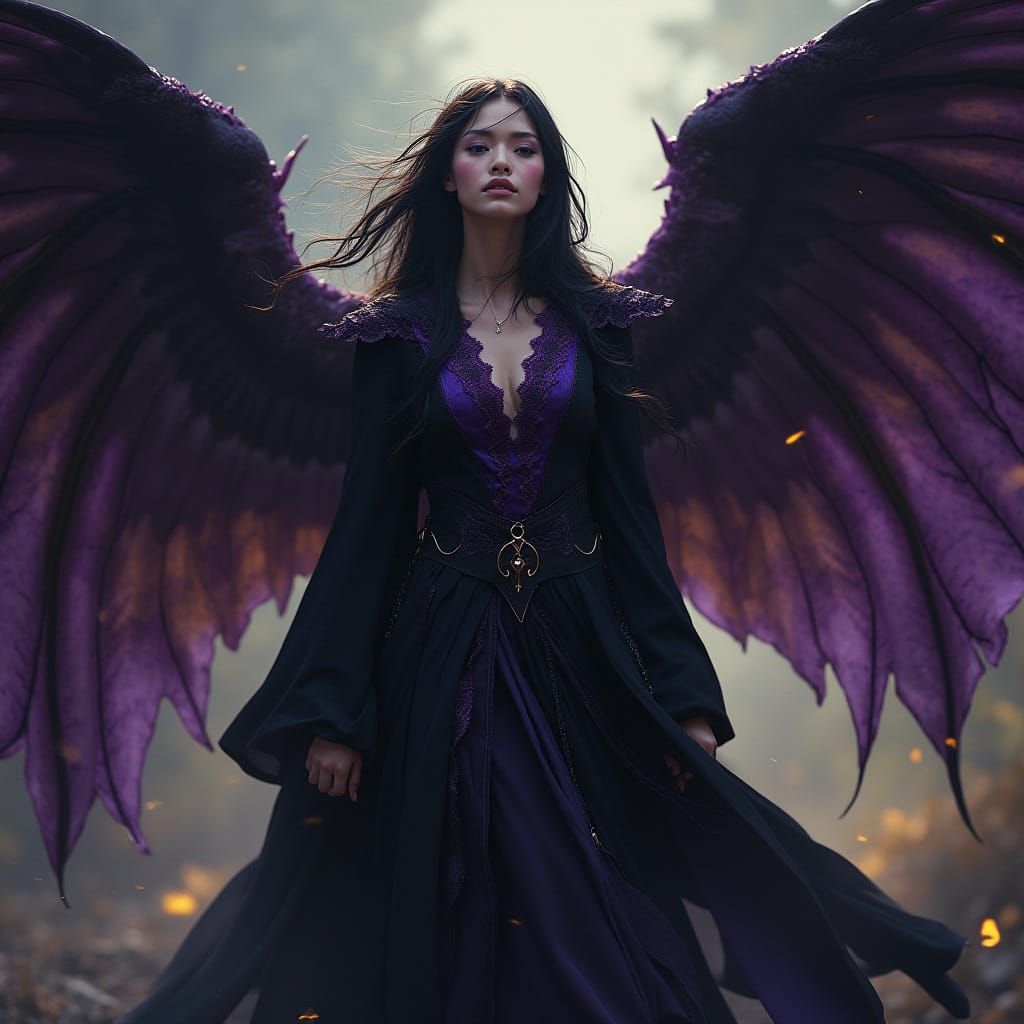 Winged Witch in Dark Mystical Robes