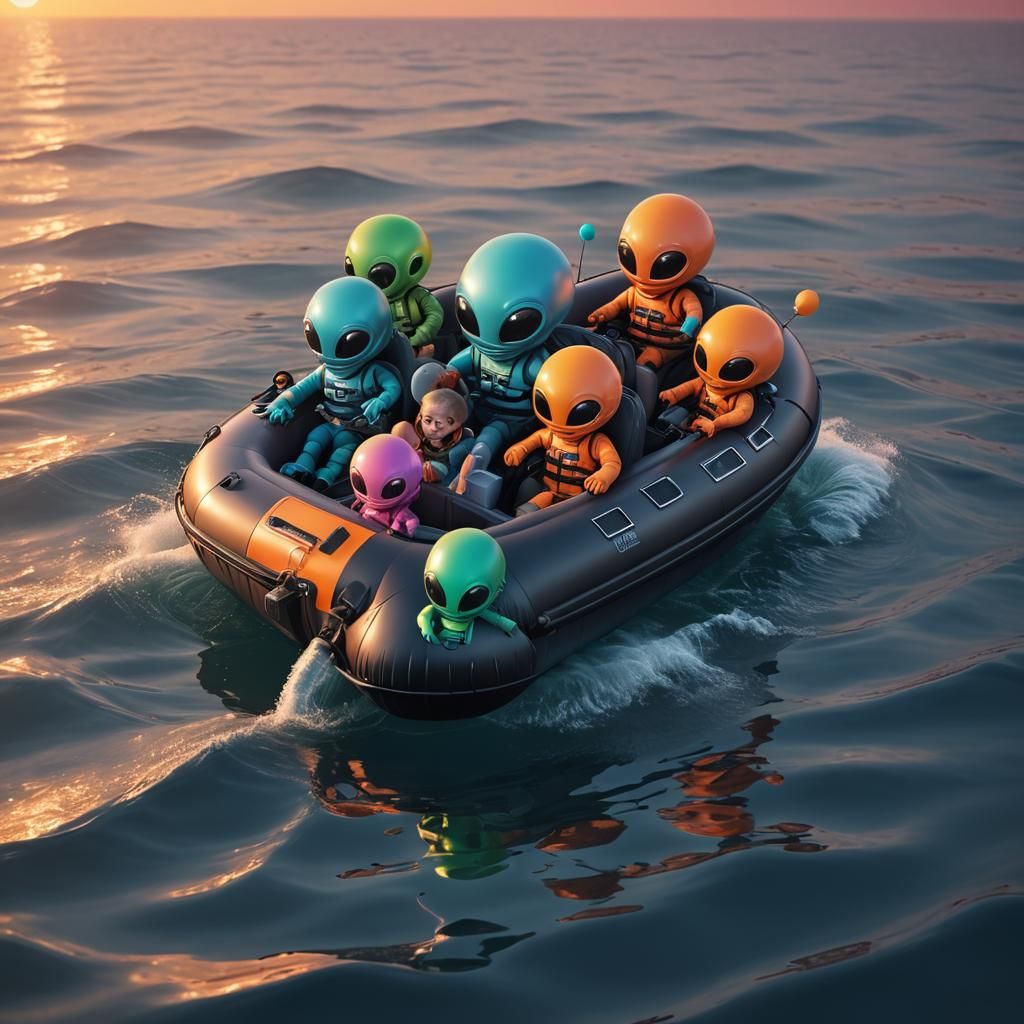 Cute aliens on an inflatable life boat.