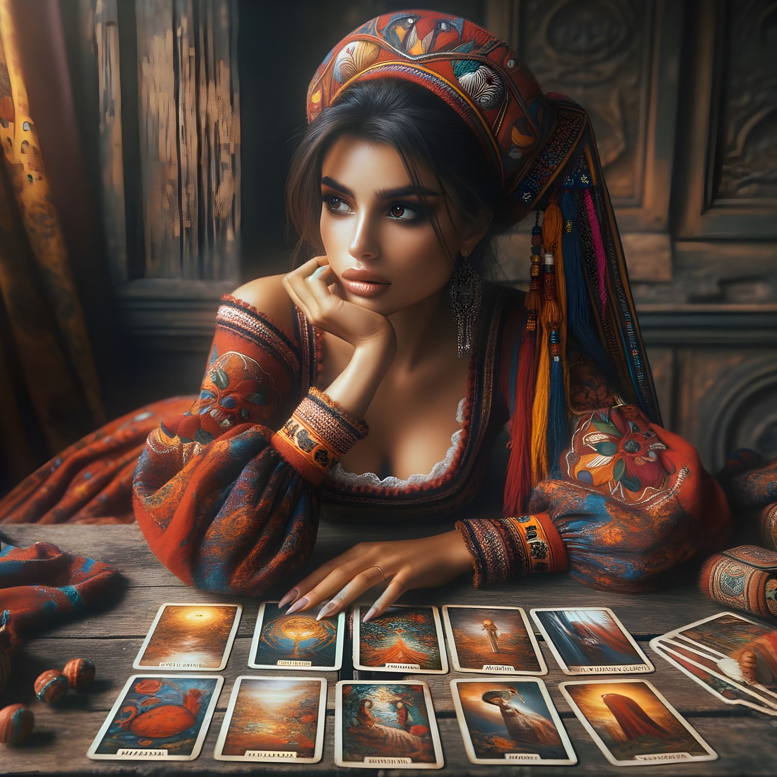 South Asian Woman Divining with Tarot Cards