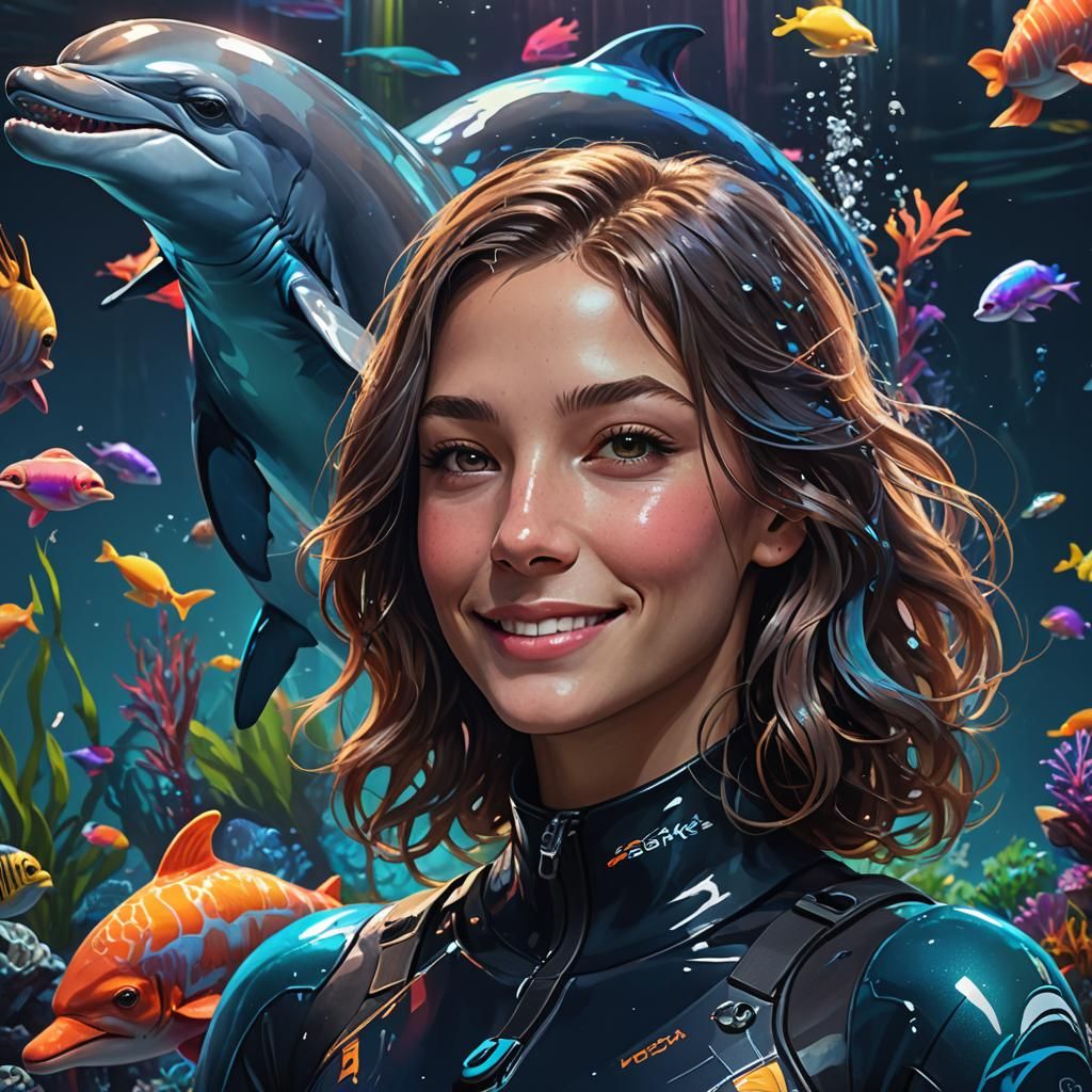 Woman with Dolphin in Aquarium, Digital Art