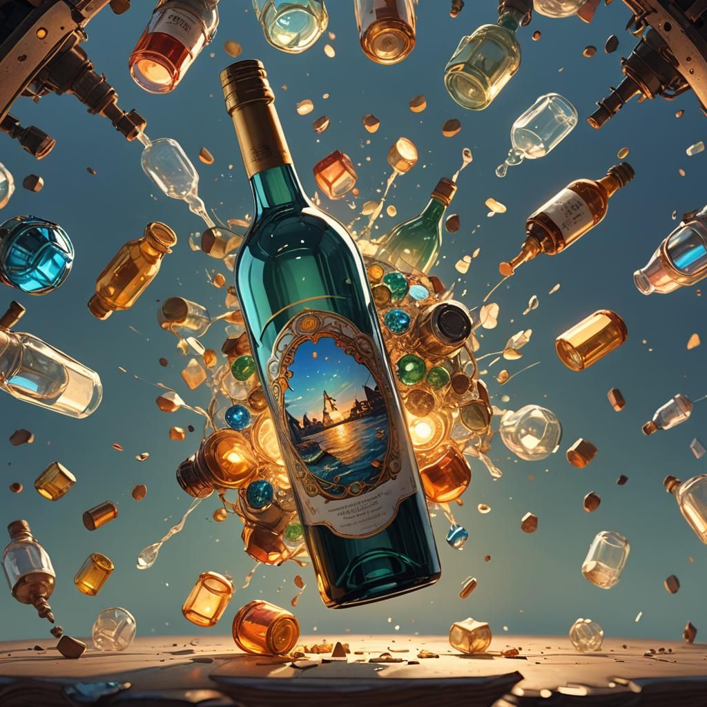 A bottle on a drone flying over the table light at dawn wate...