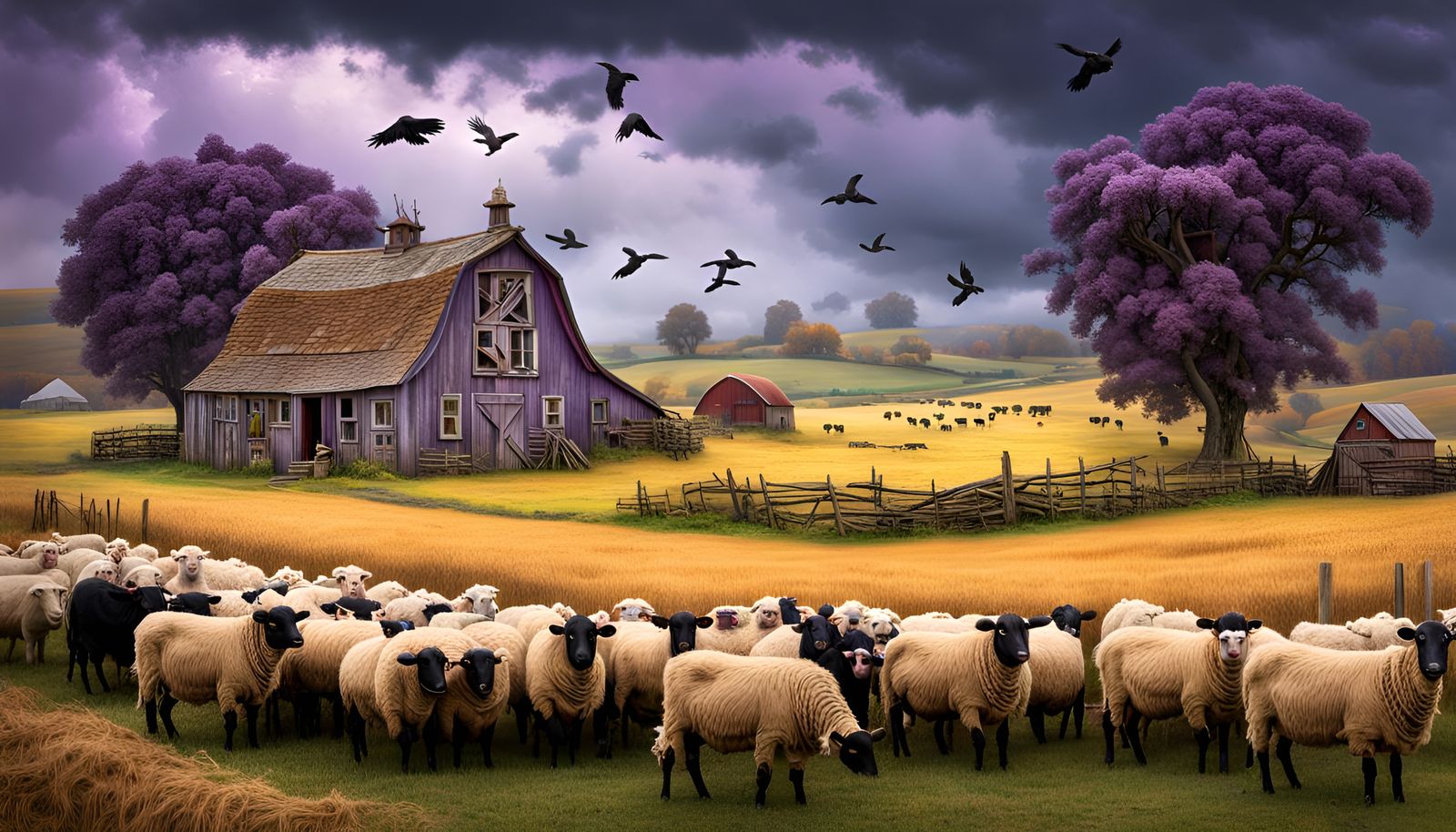 Surreal Farm Scene with Scarecrow in Pop Art Style