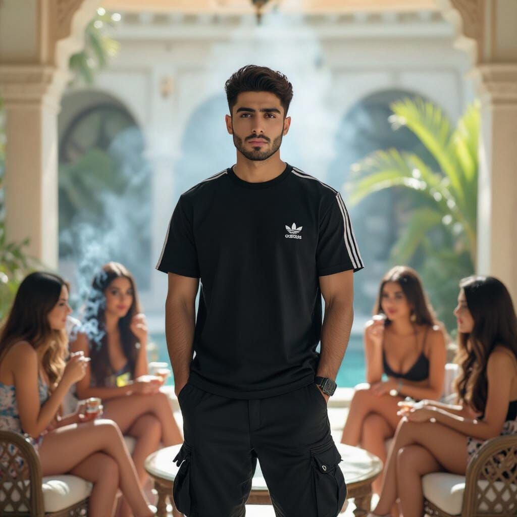 Confident Iranian Man in Luxurious Garden Villa