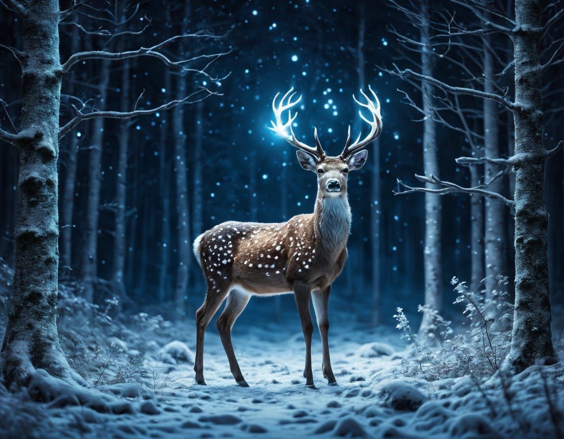 Luminous Stardust Deer in Moonlit Forest