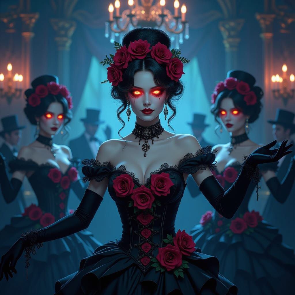 Undead Dancers in Opulent Ballroom with Creepy Corsages