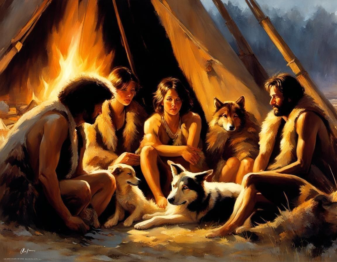 Nostalgic Paleolithic Village Painting with Intricate Detail...