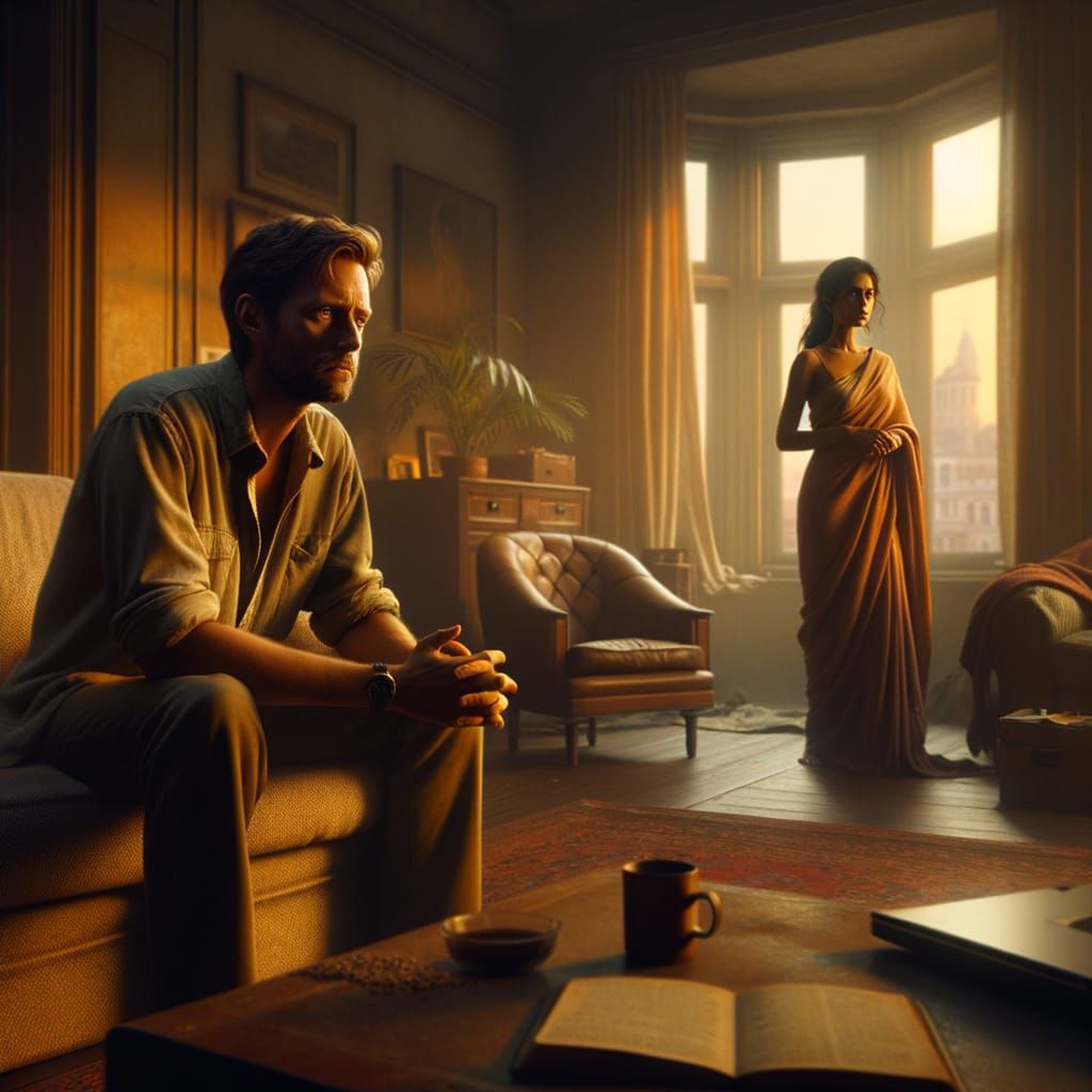 Concerned Couple in Softly Lit Living Room at Dusk