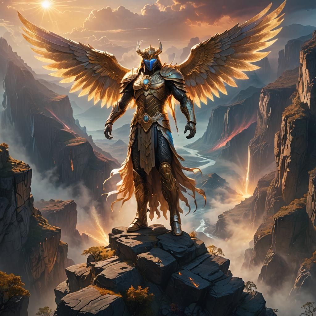 Majestic God Overlooks Mystical Realm in Art Nouveau Style