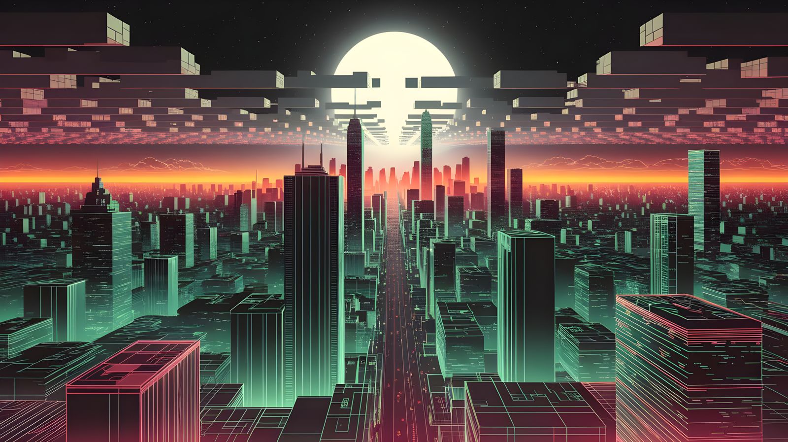 Neon Green Mega City Cubist Painting