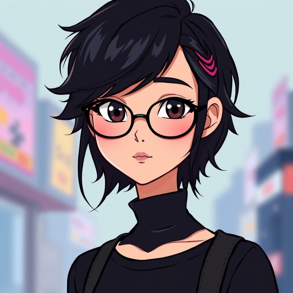 Disney-Inspired Cel Animation Girl with Shaggy Hair and Glas...