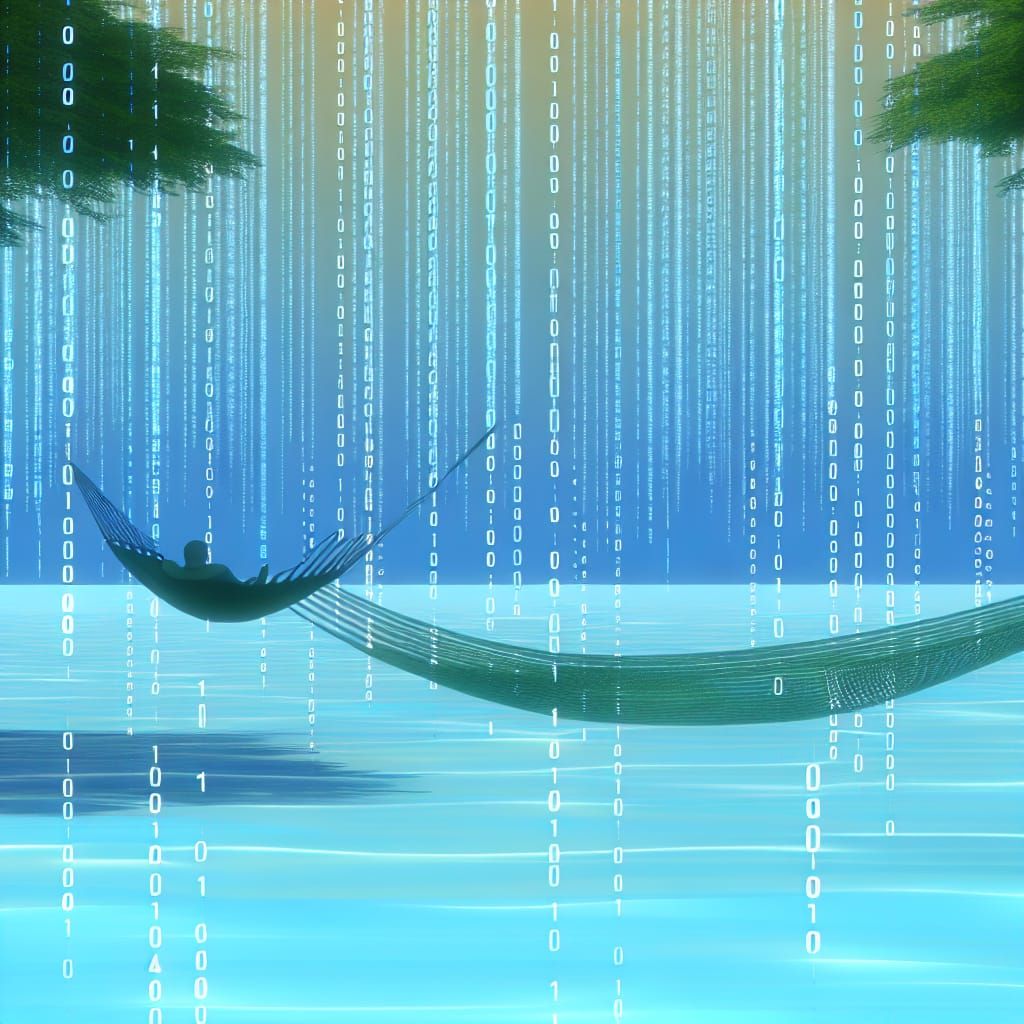 Serene Digital Landscape with Flowing Binary Streams