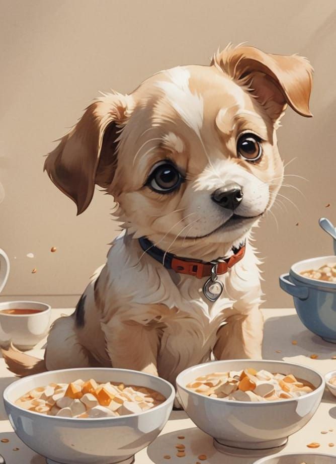 Cute Puppy Enjoying Porridge in Anime Style