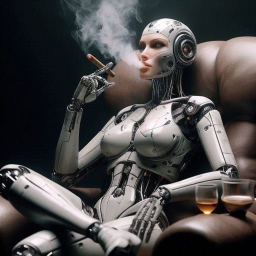 Retrofuturistic Robot Lady Smokes a Cigar in Vintage Style