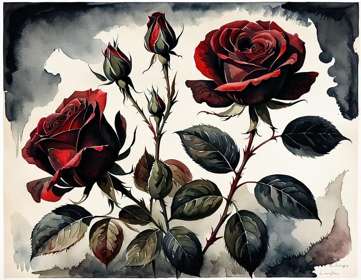 Moody Red Roses Watercolor in Vintage Style