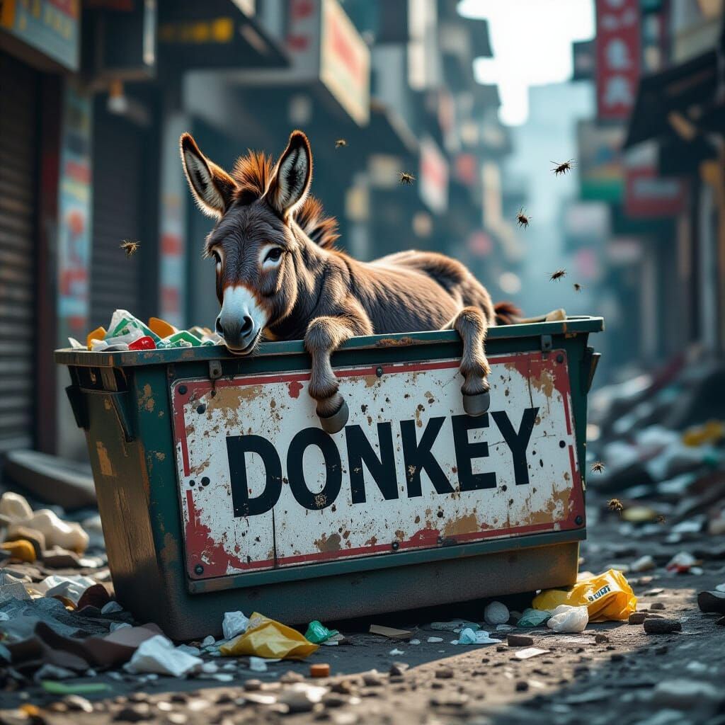 Donkey Signboard in Trash Bin: Gritty Matte Painting
