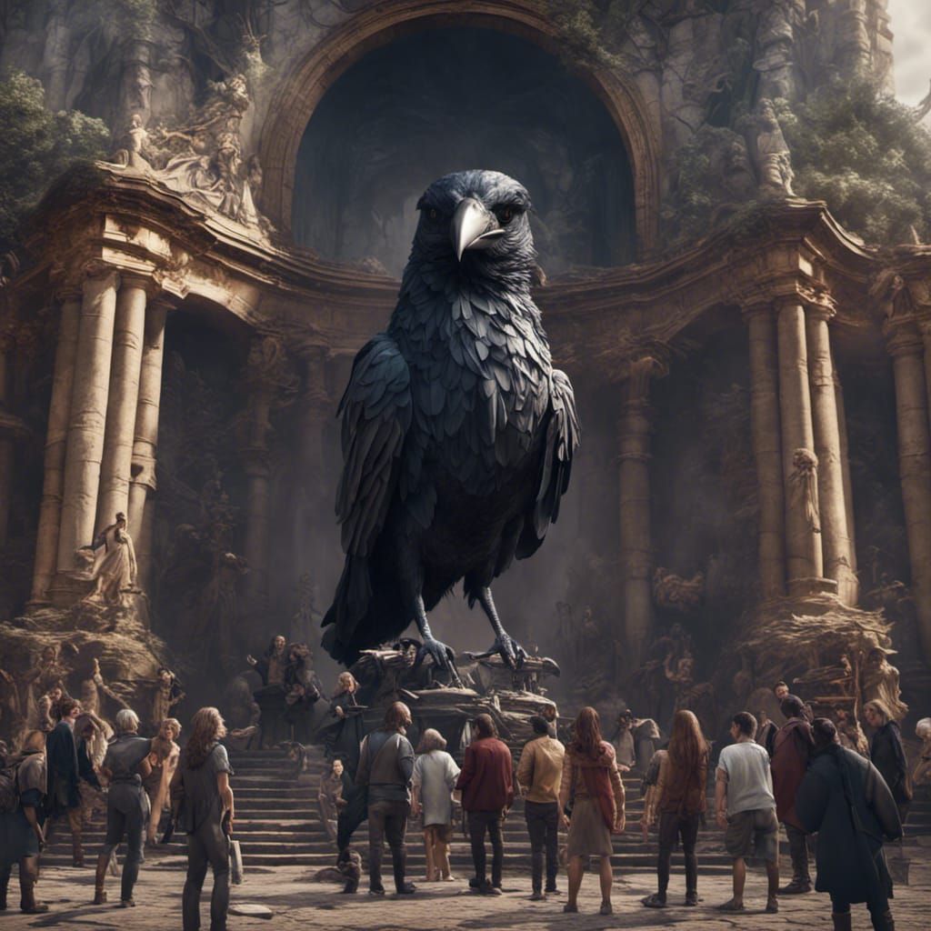 People Gather Around Raven Statue: Fantasy Concept Art