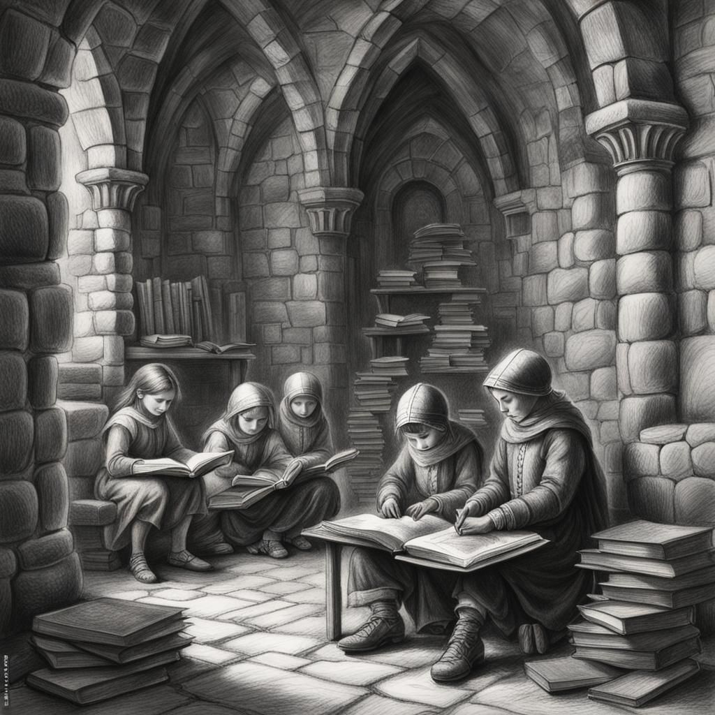 Children Reading in Medieval Castle: Charcoal Drawing