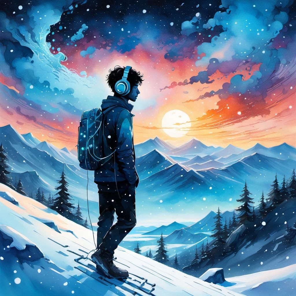 Silhouette Boy in Snowy Musical Galaxy: Watercolor Art
