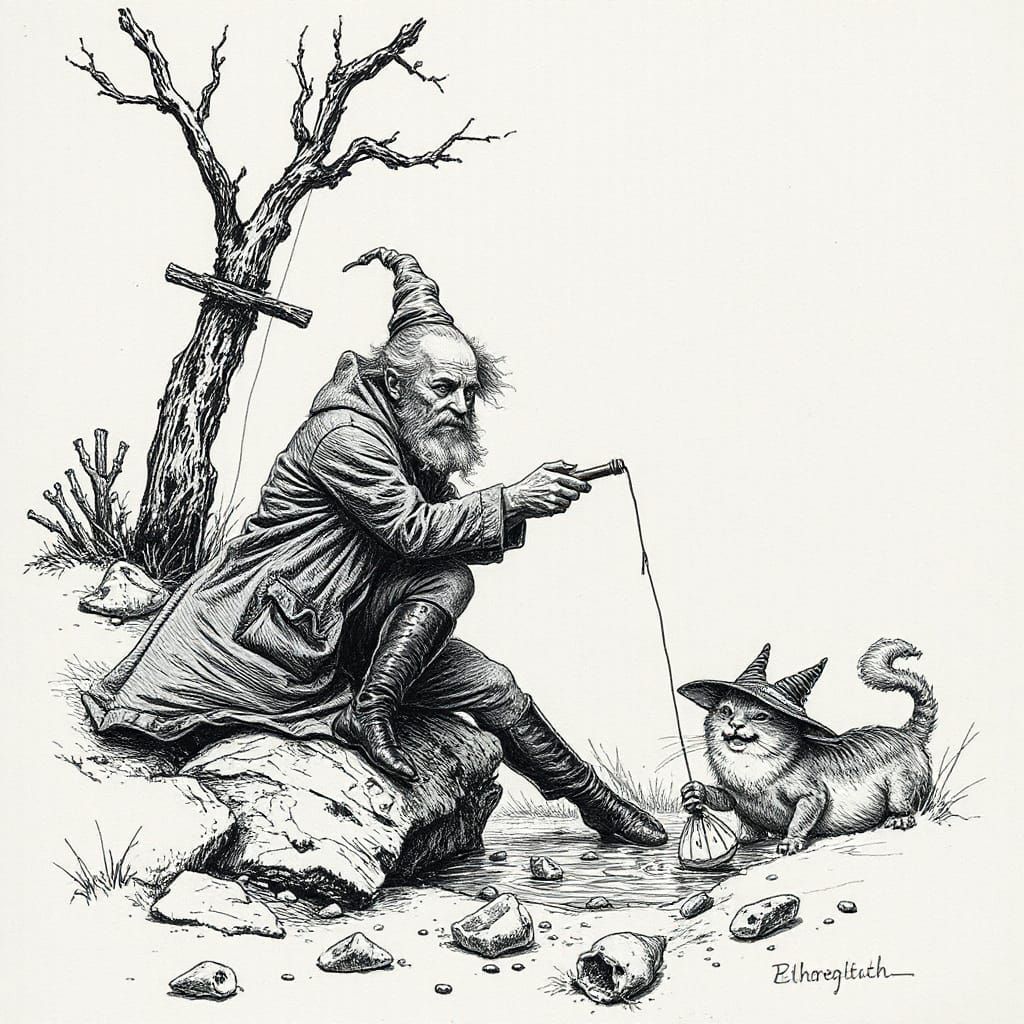 Etched Sketch of Witch in Ditch