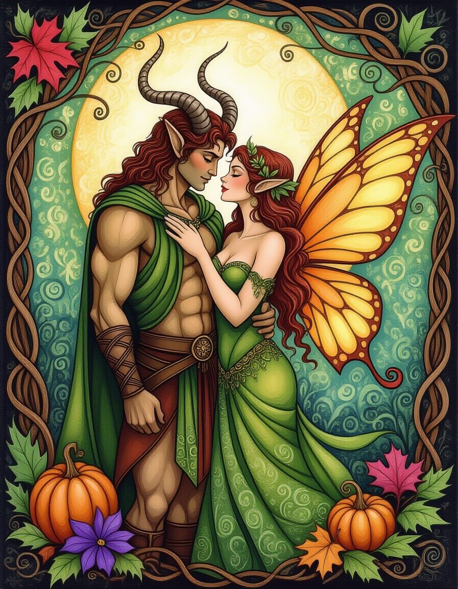Satyr Fairy Couple in Autumn Decoupage Art