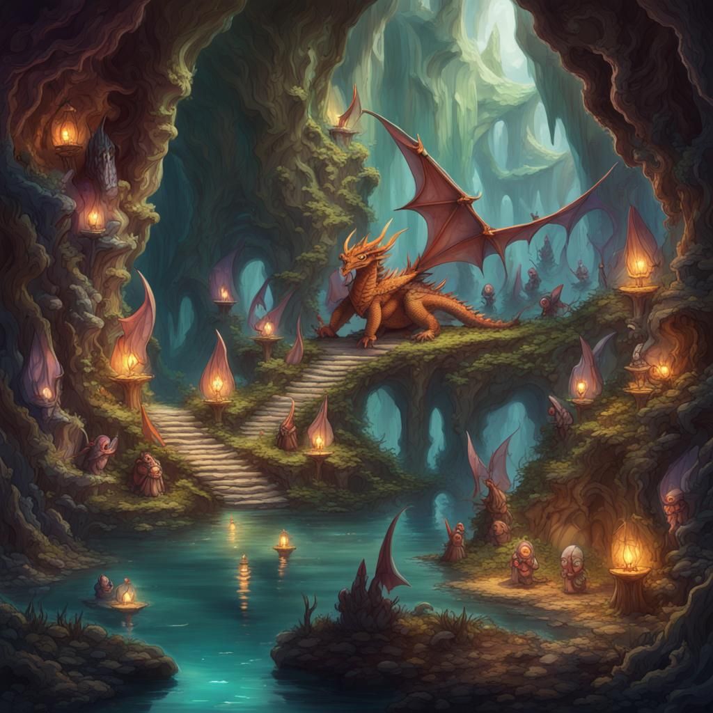 Dragon's Hoard in Mystical Cavern with Dwarves