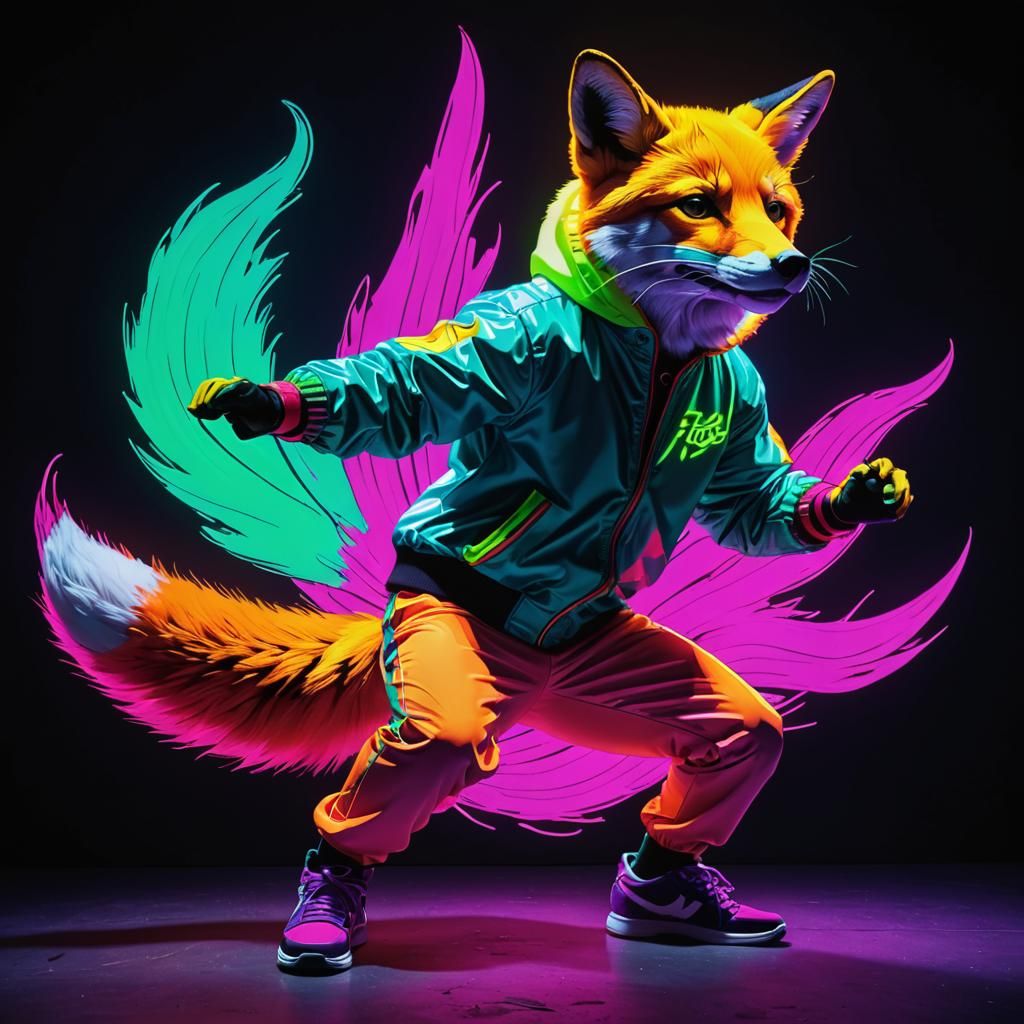 Pop-Art Fox Breakdancing with Neon Fluorescent Clothing