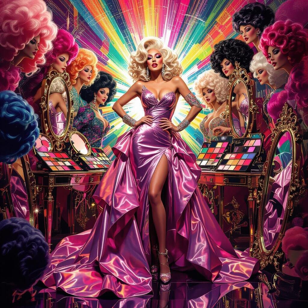 Glamorous Drag Queen in Satin Gown Surrounded by Wigs and Mi...