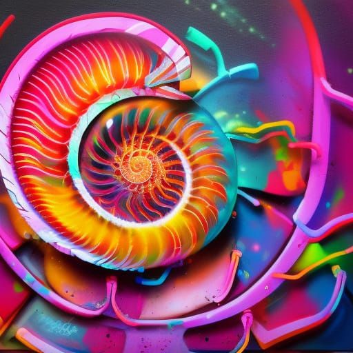 Neon Nautilus Shell in Graffiti Splash Art