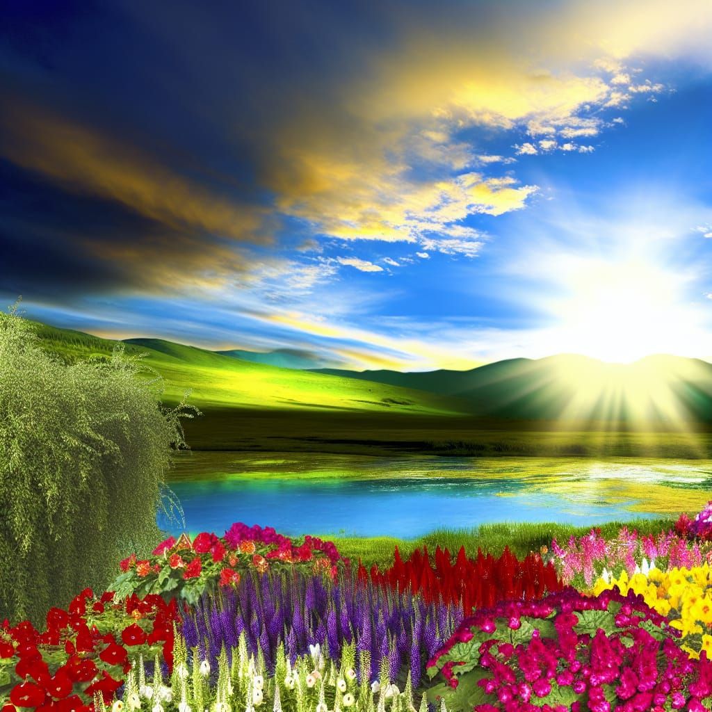 A beautiful lake,  pond setting with backgrounds in beautiful tones of flowers and water and greenery.