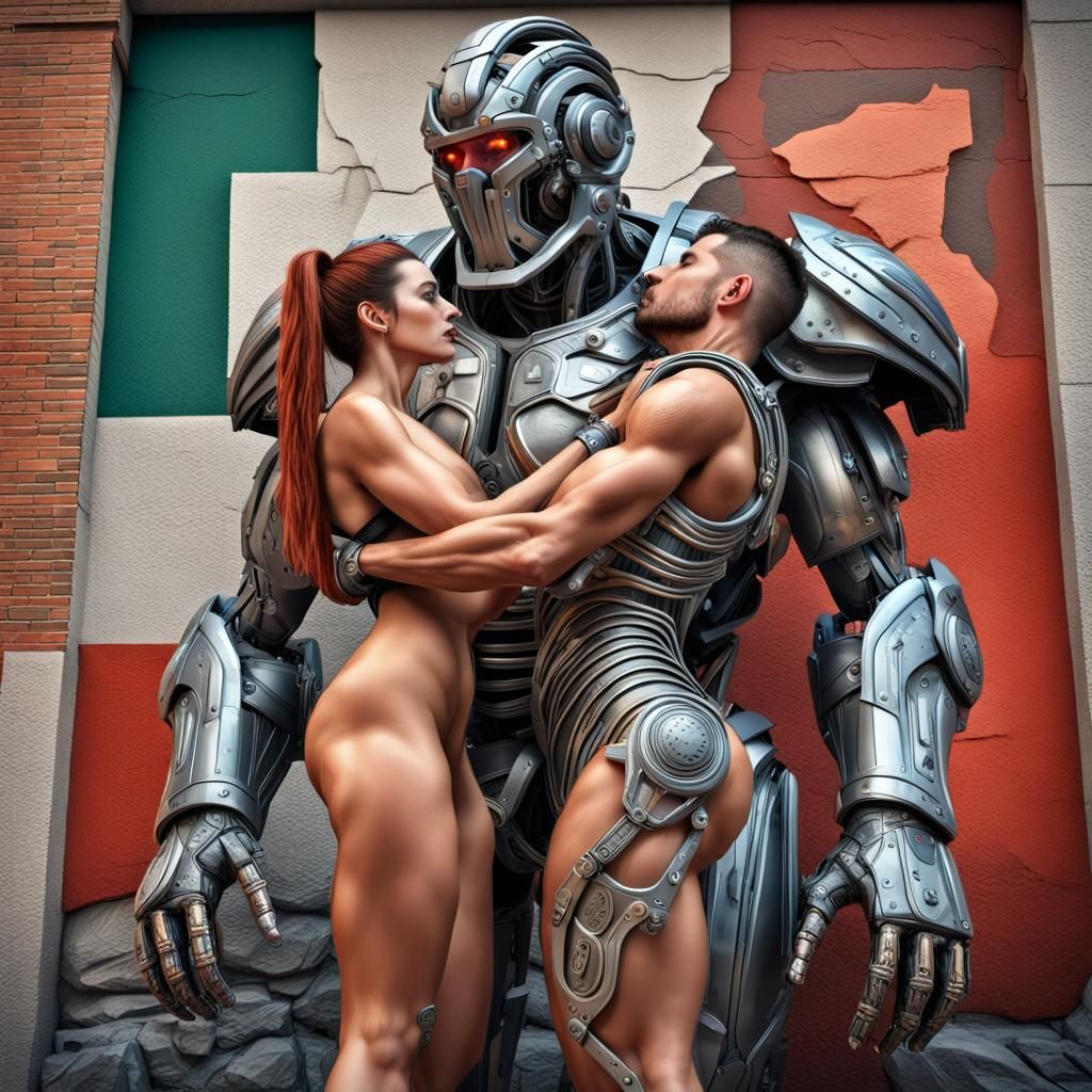 Cyborg Centurions Kiss in Cyberpunk Mural