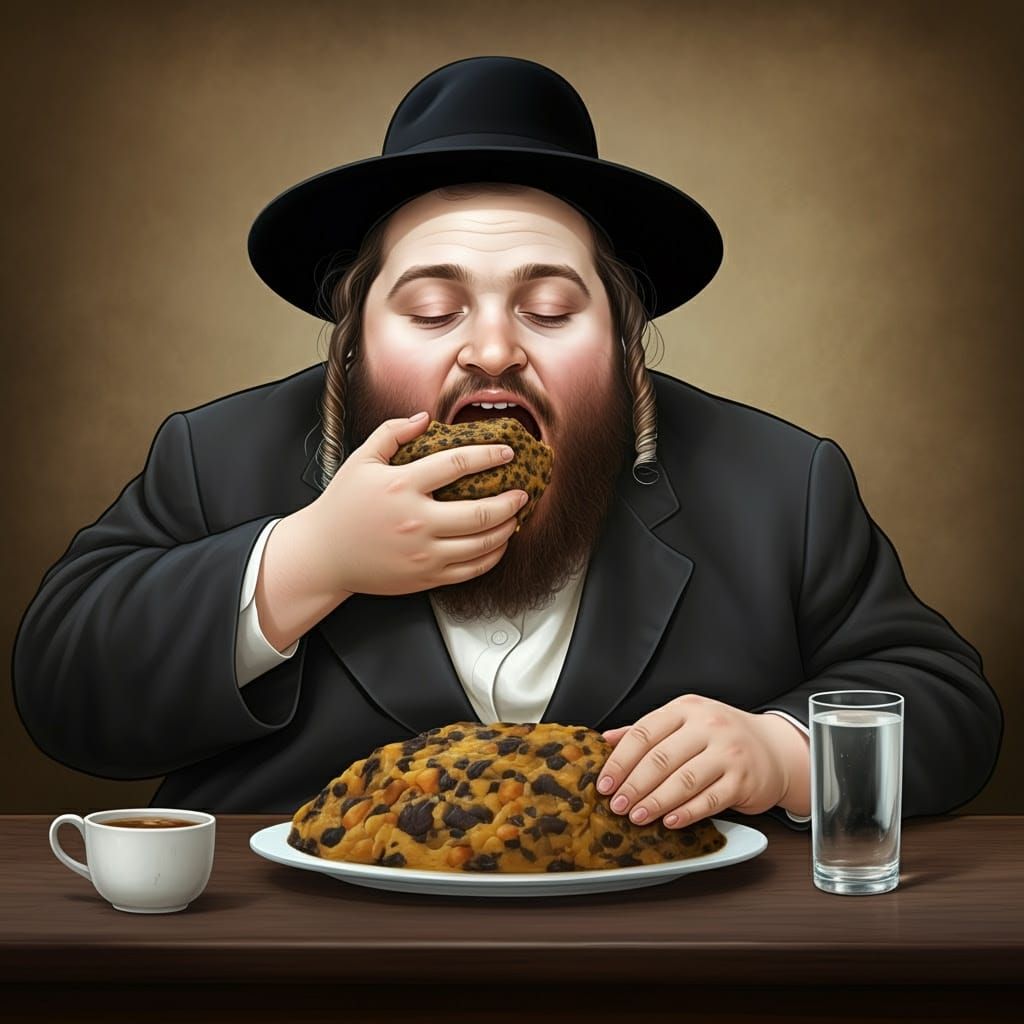 A Large Orthodox Jewish Man Eats Kugel