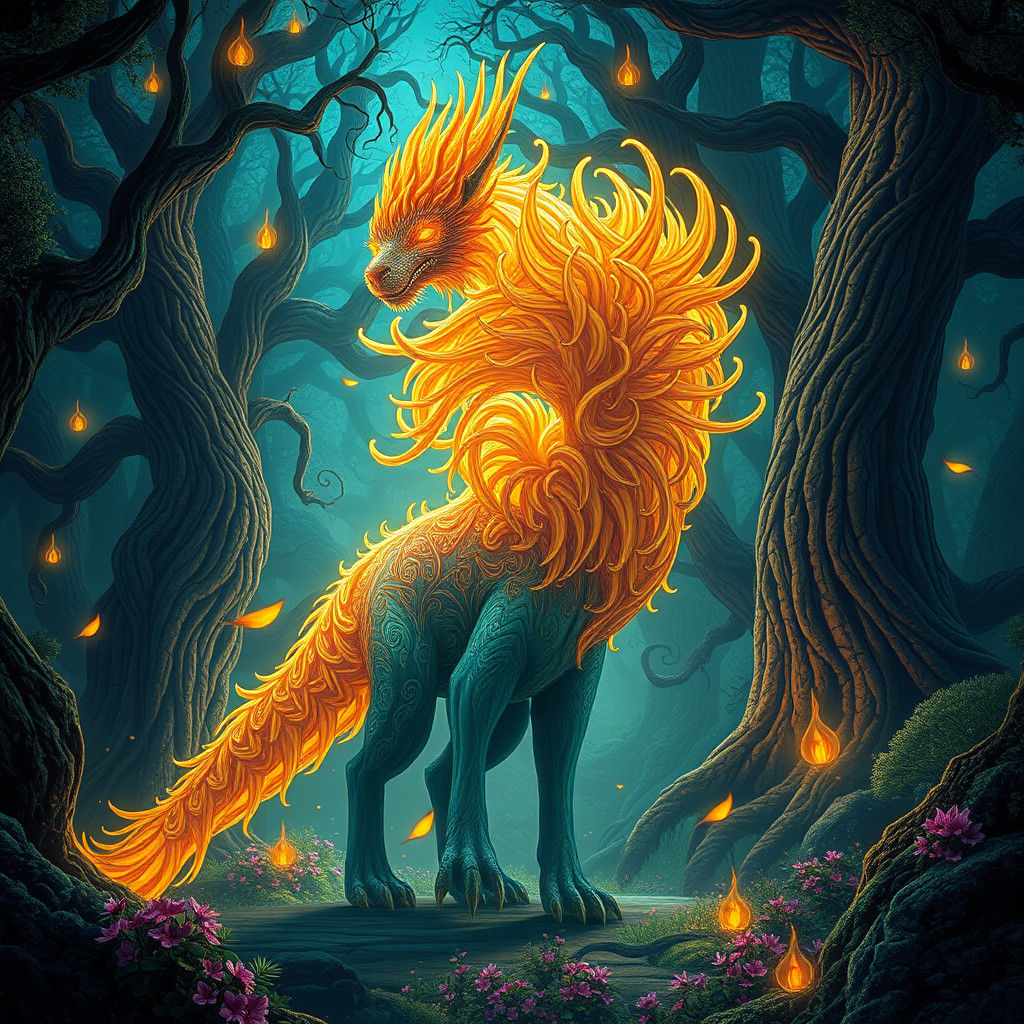 Surreal Monstrous Hybrid in Lush, Mystical Landscape