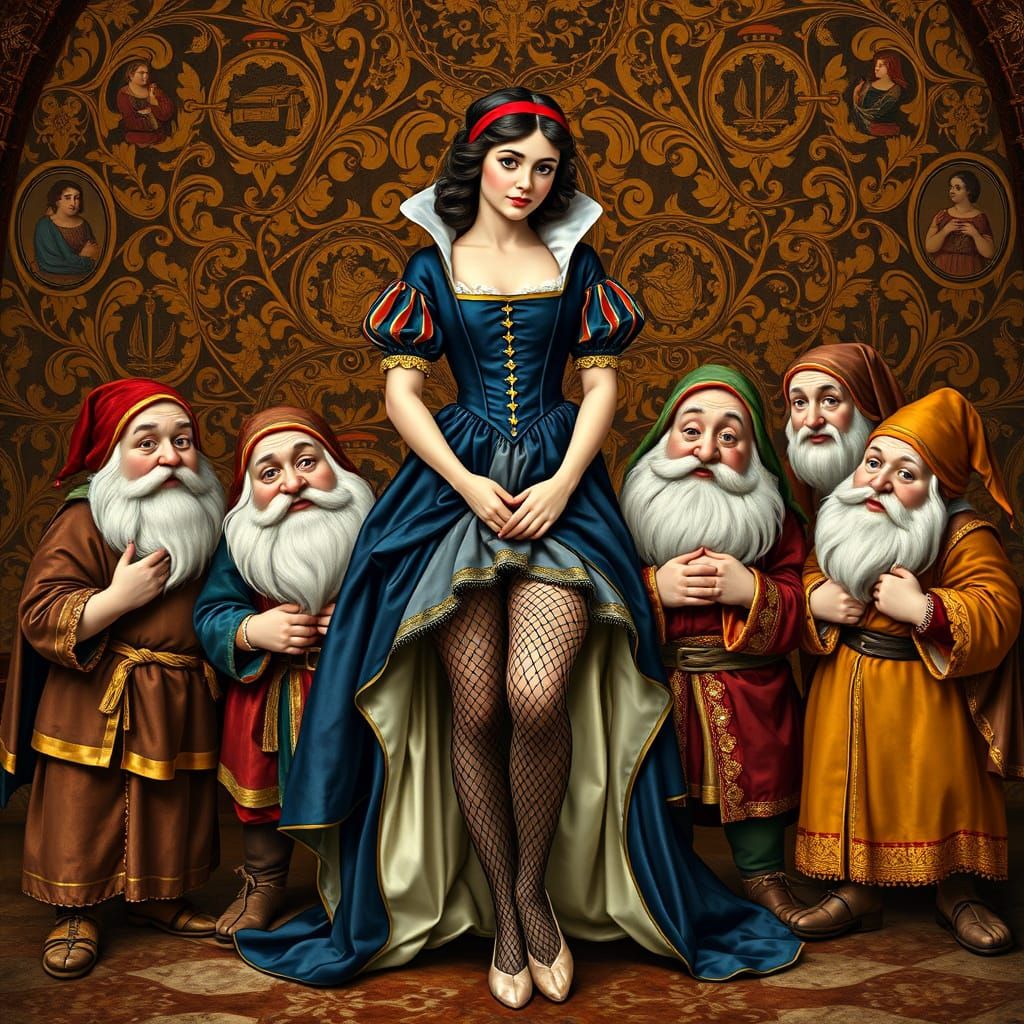 A Renaissance Fairy Tale: Snow White in Elegant Attire Among...