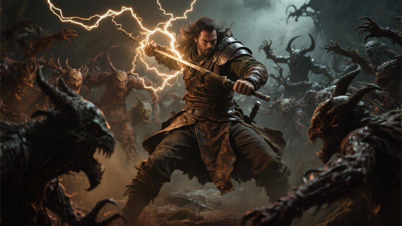 Epic Battle Mage Fighting Demons in Cinematic Lighting