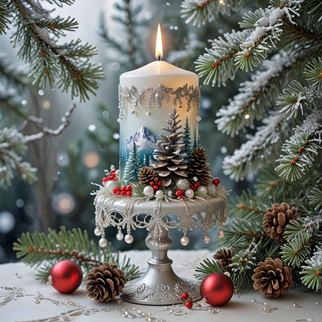 Ornate Christmas Candle with Winter Landscape in Surreal Sty...