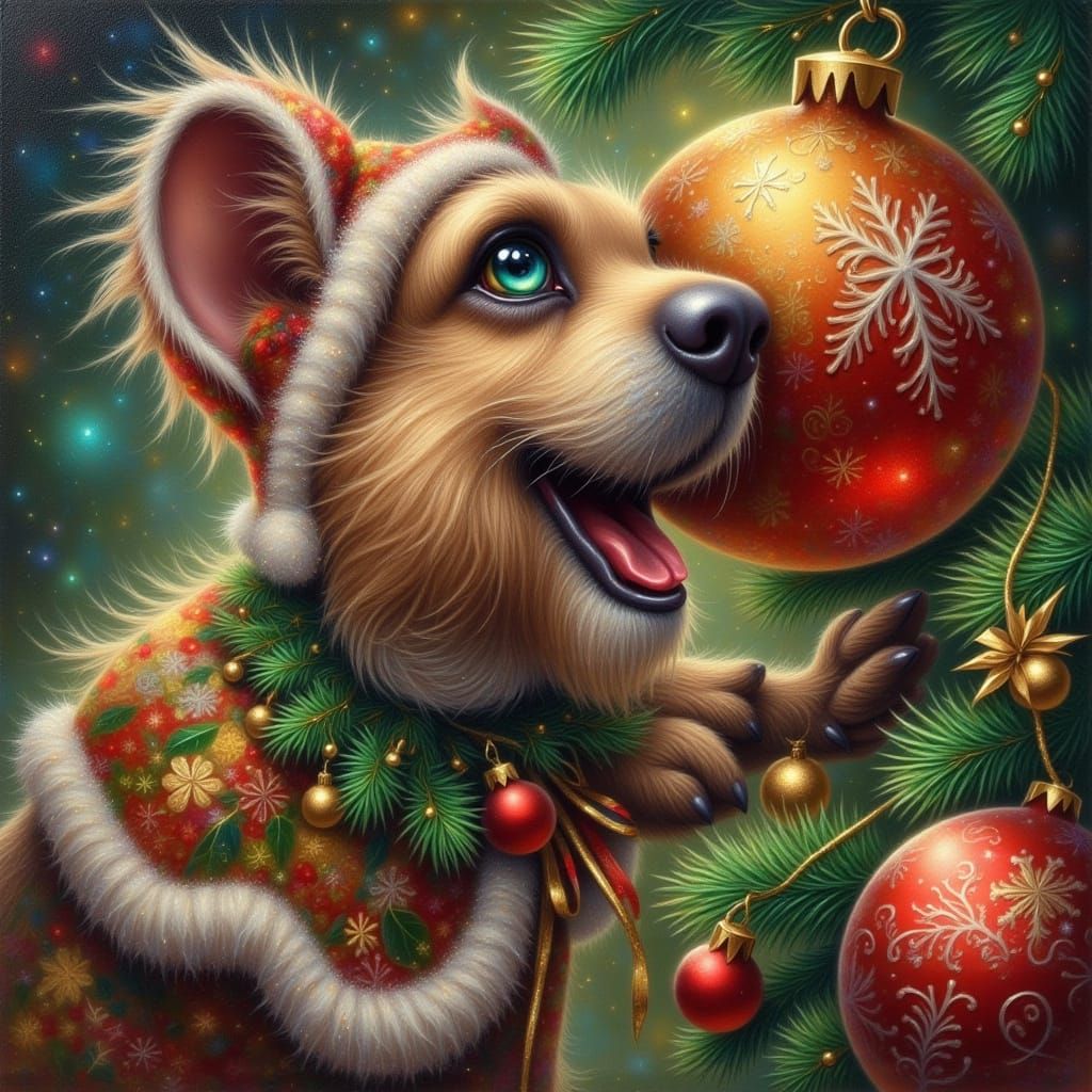 Whimsical Yorkie Grabs Shiny Christmas Ball in Oil Paint