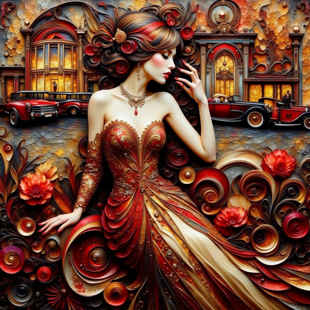 Art Deco Flapper Woman in Klimt Style Mixed Media Collage