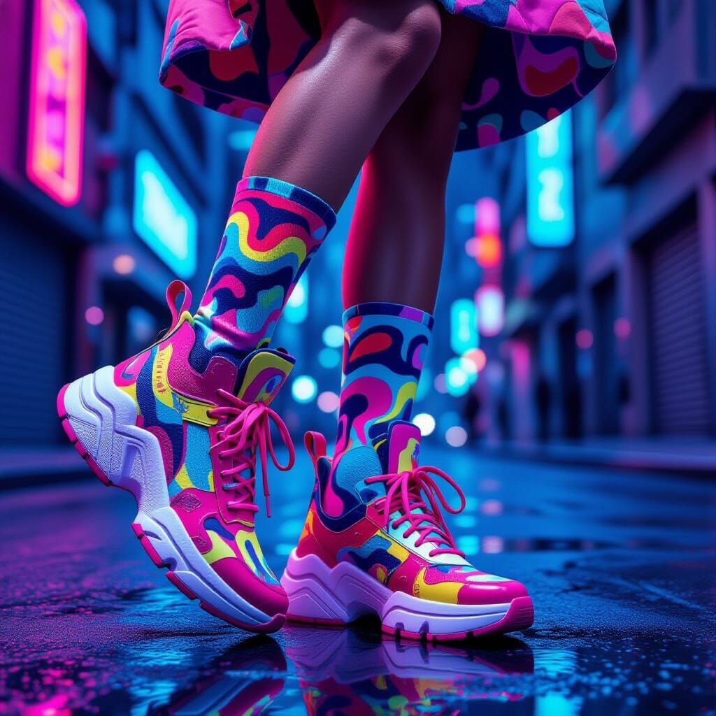 Vibrant Neon Socks with Abstract Swirls in 80s Style