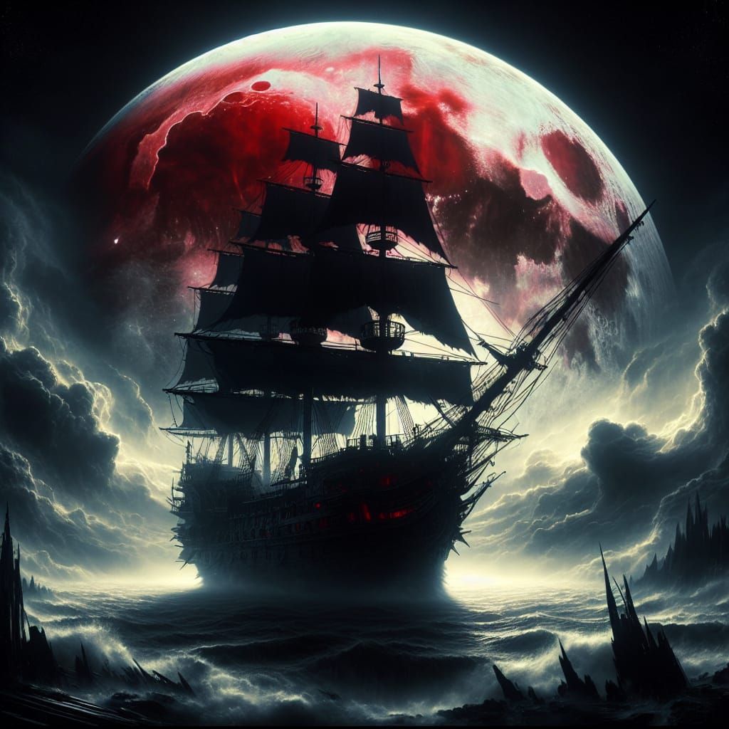 Menacing Pirate Ship Under Full Blood Moon
