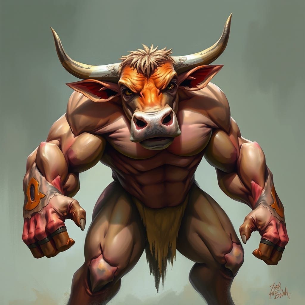 Muscular Cow with Exaggerated Physique in Digital Painting