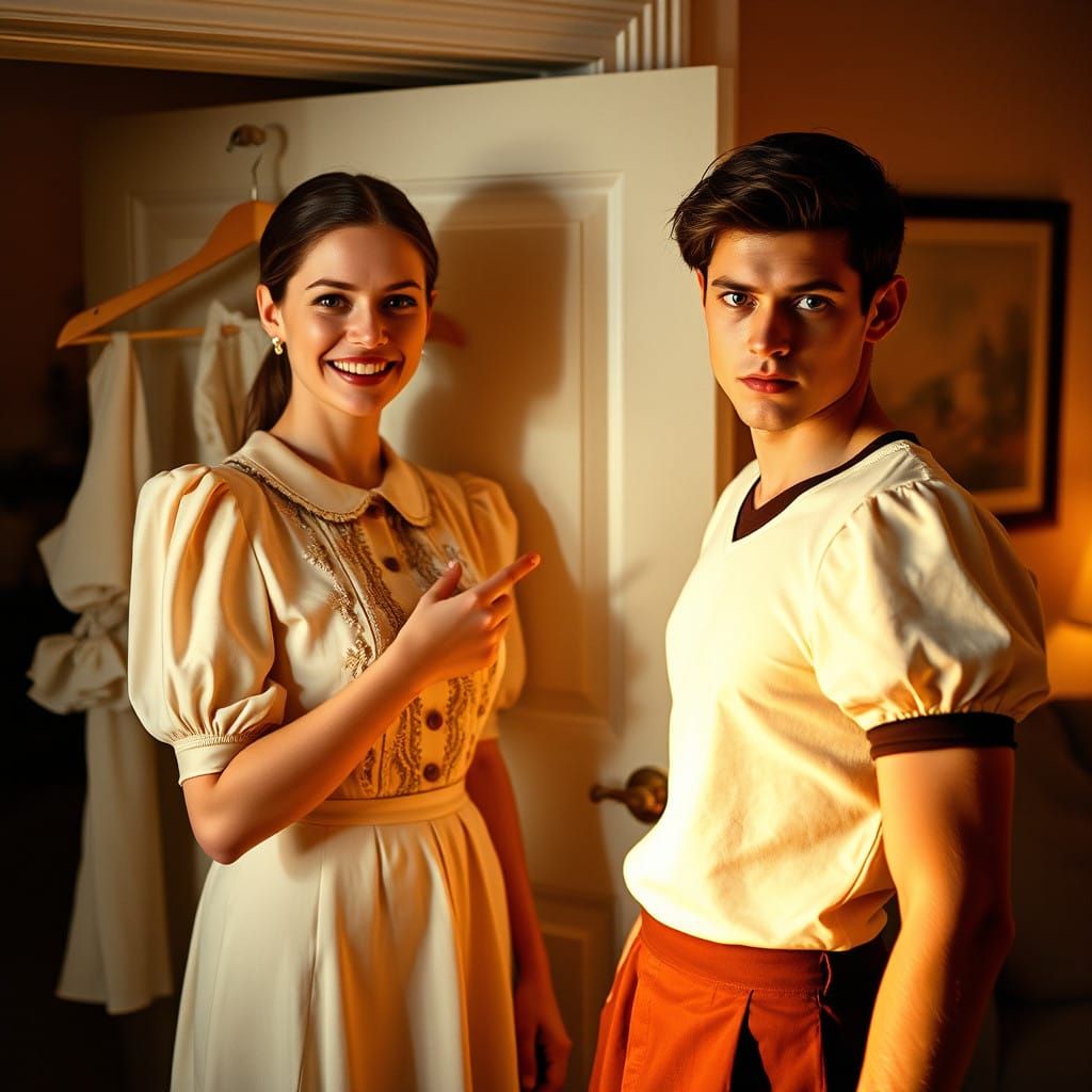 Woman Points to Charming Peter Pan Dress in Cozy Living Room