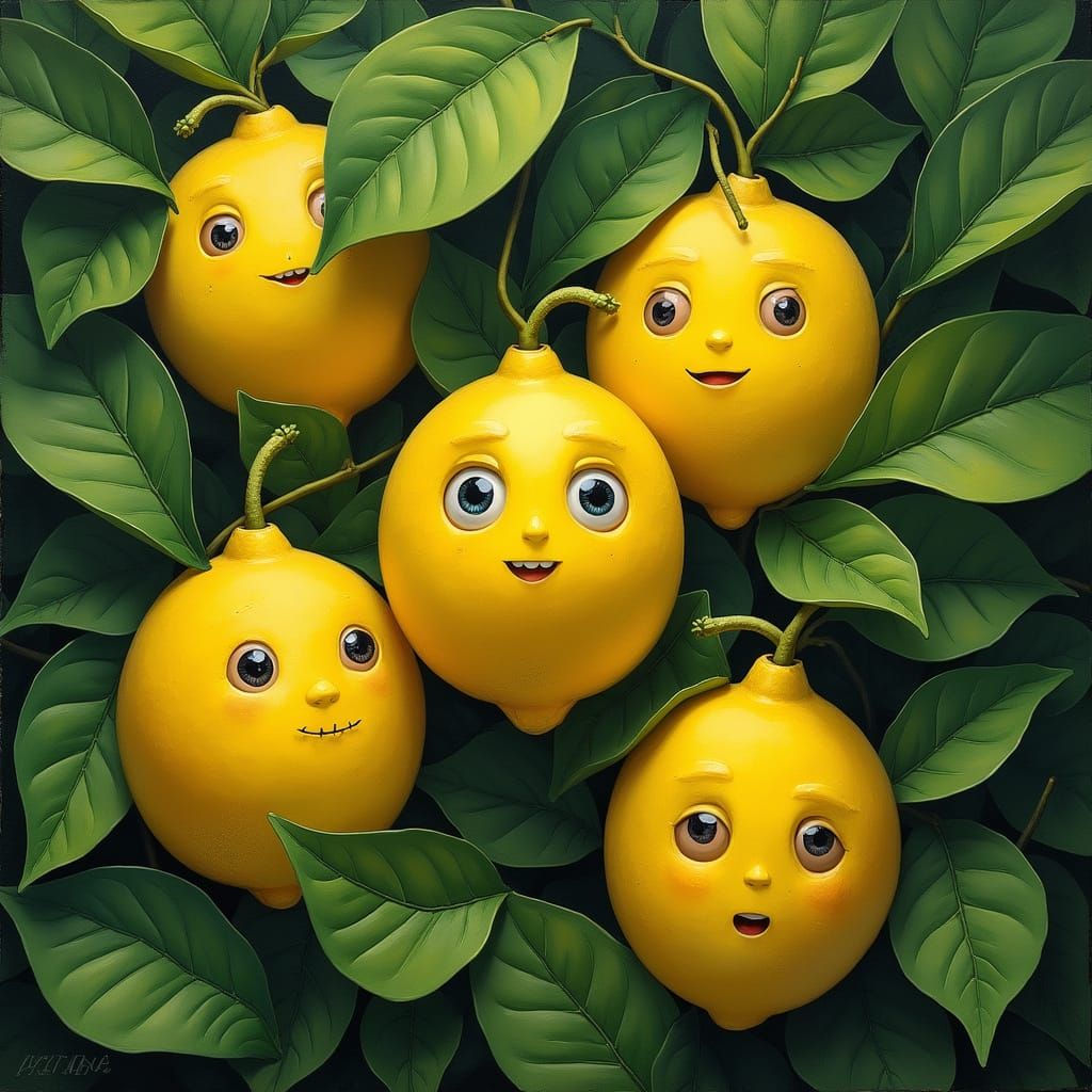 Lemon Forest with Expressive Eyes in Whimsical Style