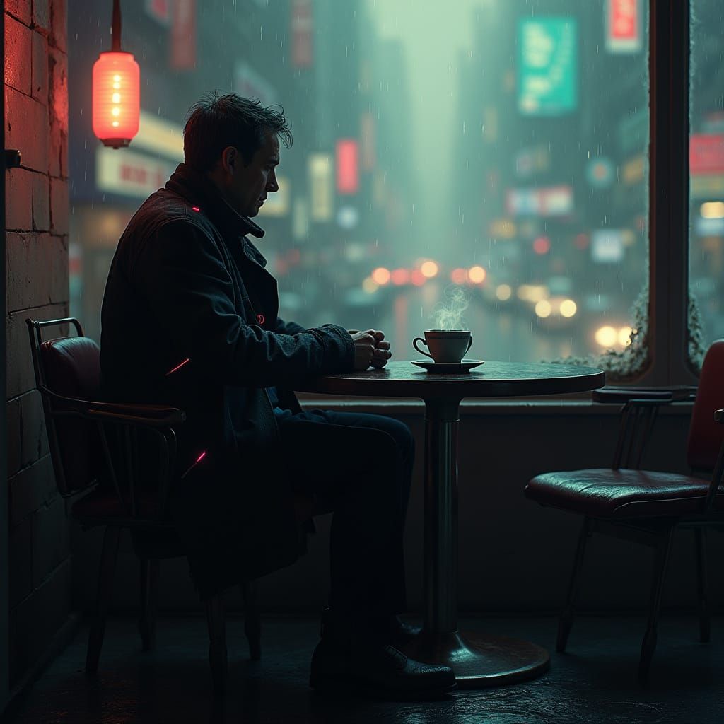 Lonely Man in Cyberpunk Cafe Watching Coffee