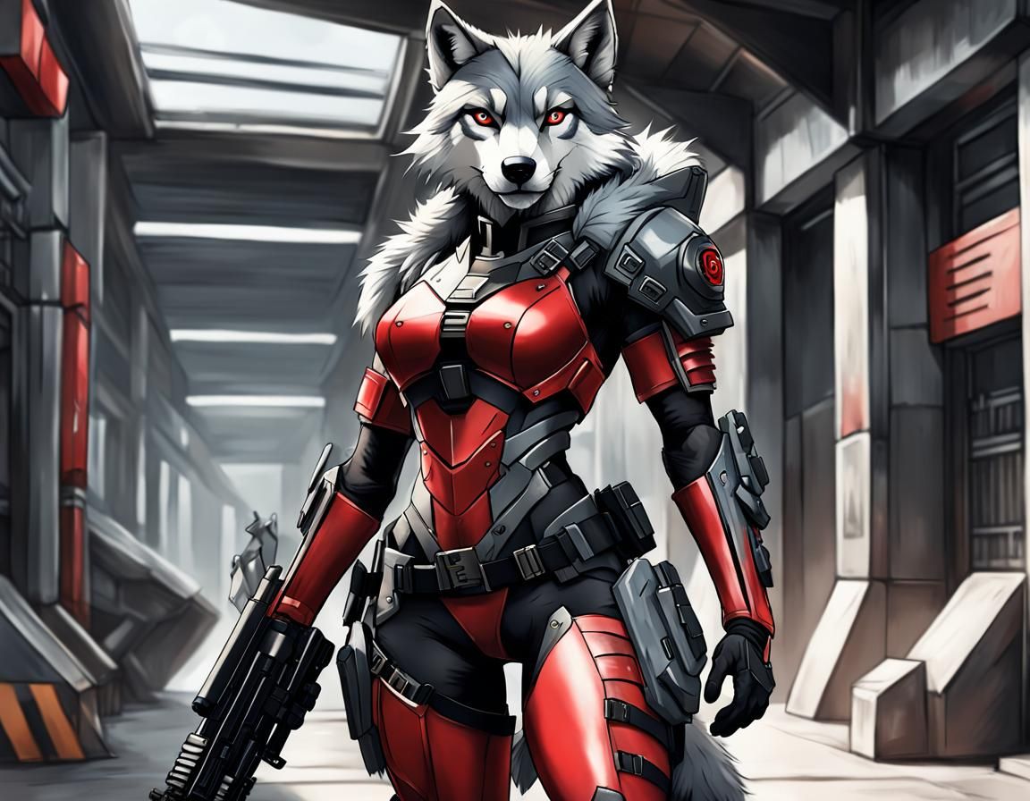 Futuristic Armored Wolf Girl in Anime Style
