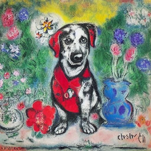 Dog with Flowers in Chagall and Monet Street Art Style
