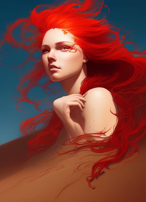 Luminous Red-Haired Maiden Above Desert Sands