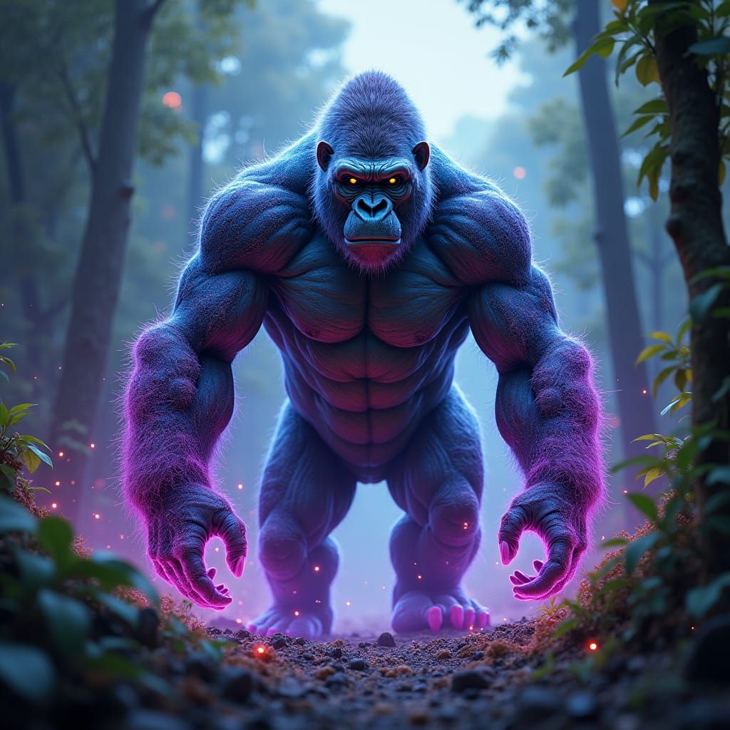 Gorilla-Graph Hybrid in Bioluminescent, High-Tech Style